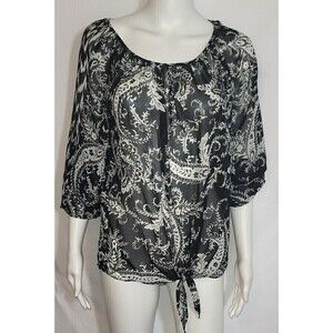 Apt 9 Black White Paisley Floral Sheer Tie Waist Top Size M